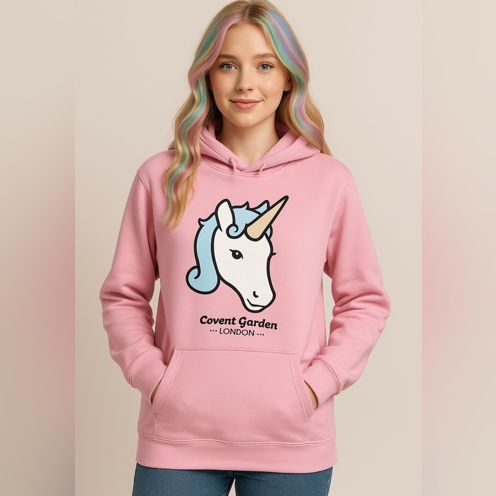 Covent Garden London Pink Unicorn Hoodie Pullover Kangaroo Pocket (One Size)